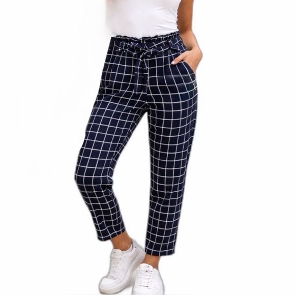 Navy White Plaid Women's Pants Size Small NWOT Old Money Classy - Picture 10 of 10